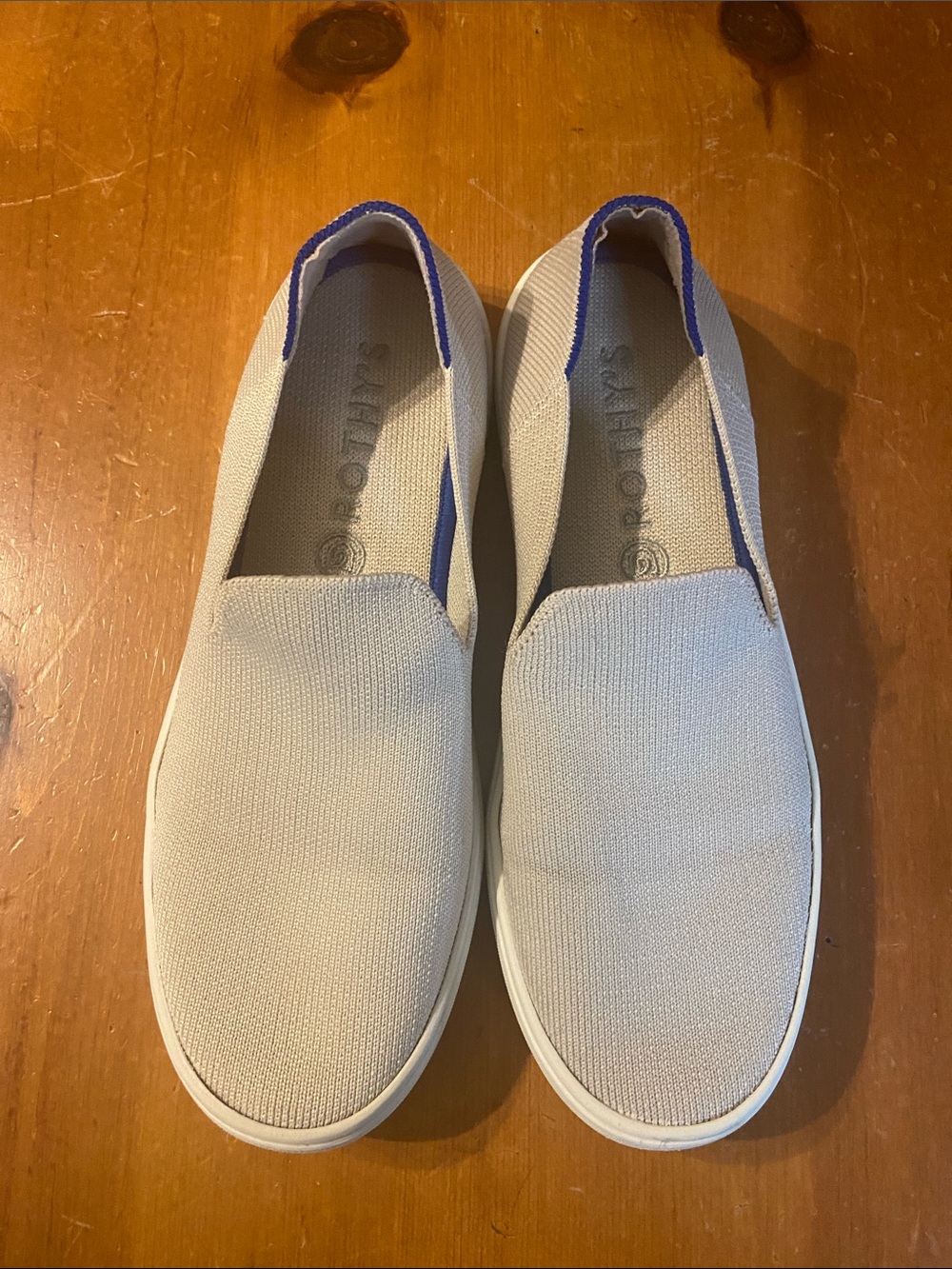 Rothy's Slip-On Loafers in Light Gray with Blue Trim